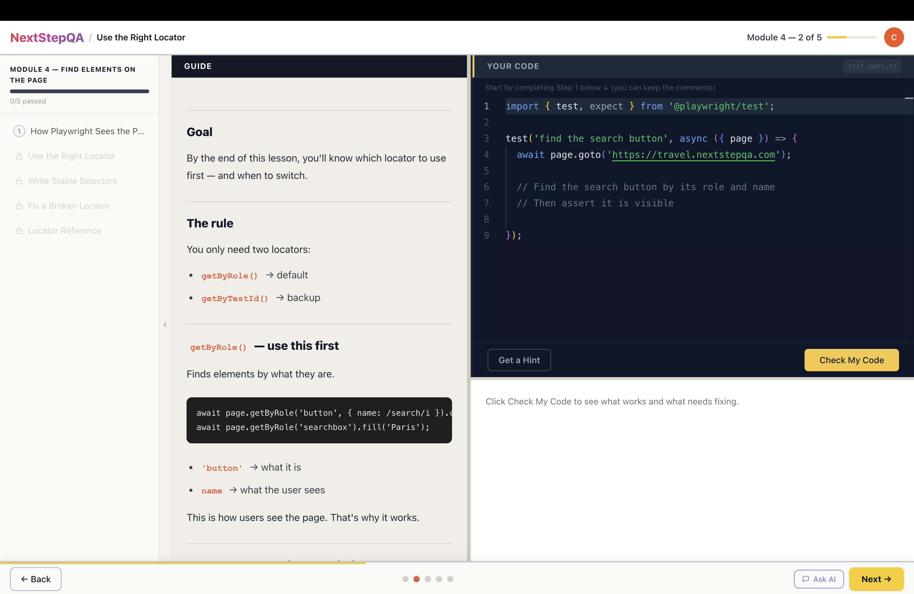 NextStepQA lesson — write code and get instant AI feedback